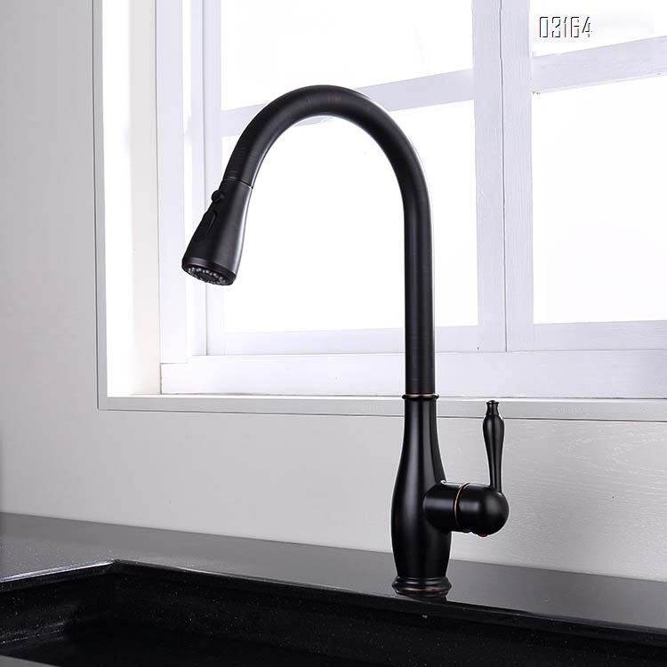 Kitchen faucet pull-down style cold and hot wash basin sink for home all Brass telescopic rotation black splash-proof