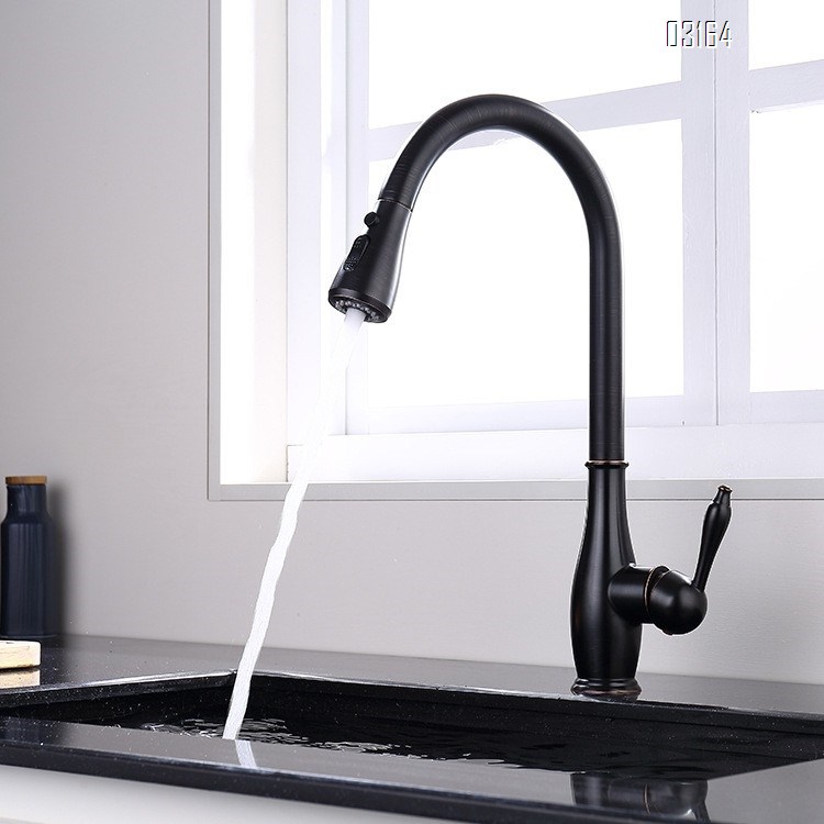 Kitchen faucet pull-down style cold and hot wash basin sink for home all Brass telescopic rotation black splash-proof