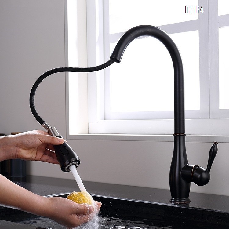 Kitchen faucet pull-down style cold and hot wash basin sink for home all Brass telescopic rotation black splash-proof