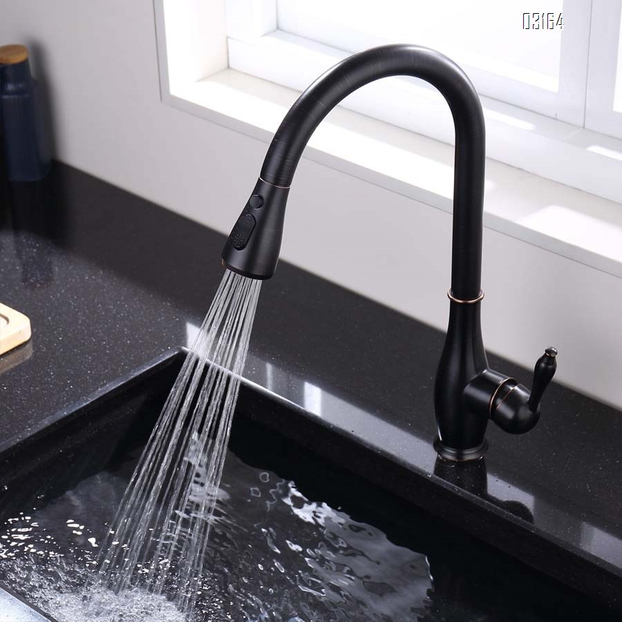 Kitchen faucet pull-down style cold and hot wash basin sink for home all Brass telescopic rotation black splash-proof