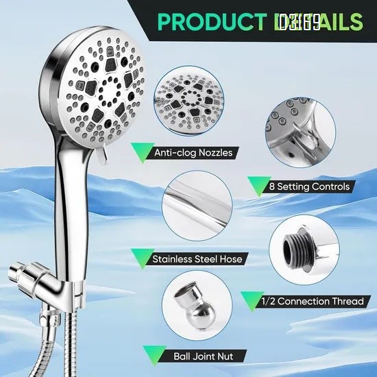 9 Spray Modes High Pressure Handheld Showerhead  Upgraded  Shower Head with Handheld Spray Premium Chrome Handheld Shower Head