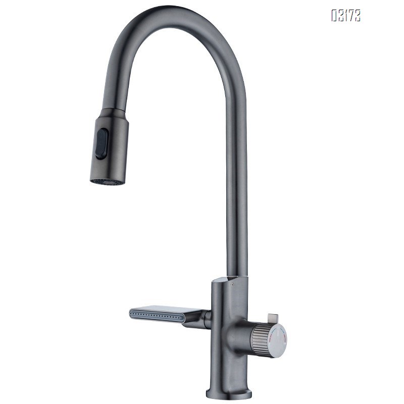 Gunmetal gray full Brass digital display kitchen pull-down cold and hot water faucet for home sink under-mount basin vegetable wash basin Tap