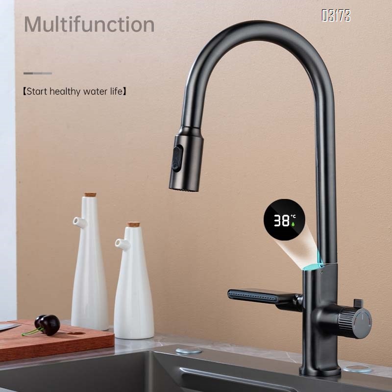 Gunmetal gray full Brass digital display kitchen pull-down cold and hot water faucet for home sink under-mount basin vegetable wash basin Tap