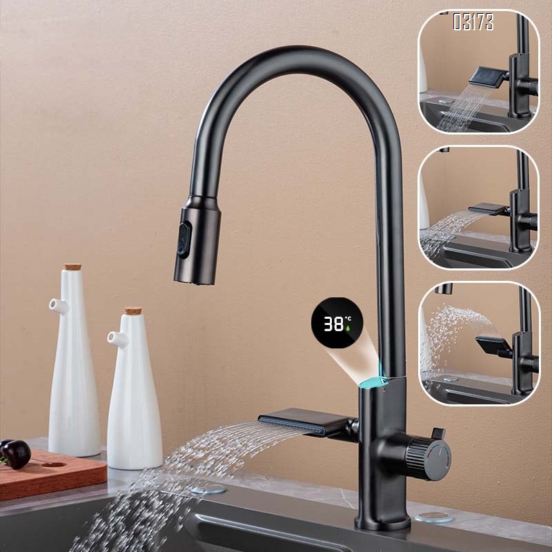 Gunmetal gray full Brass digital display kitchen pull-down cold and hot water faucet for home sink under-mount basin vegetable wash basin Tap