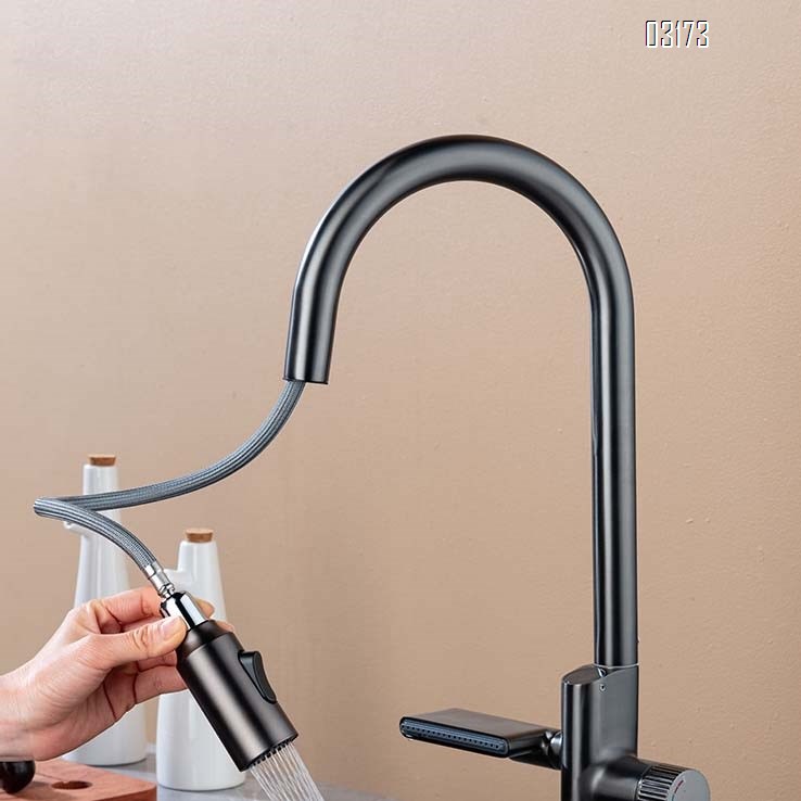 Gunmetal gray full Brass digital display kitchen pull-down cold and hot water faucet for home sink under-mount basin vegetable wash basin Tap