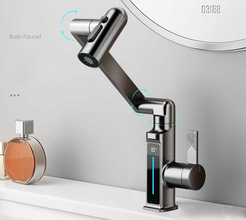 All-Brass Rotarion Swivel faucet multi-functional mechanical arm faucet with digital display multi-directional wash basin faucet for bathroom cold and hot water Tap