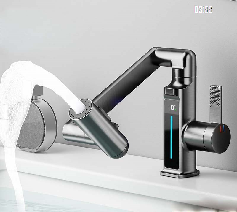 All-Brass Rotarion Swivel faucet multi-functional mechanical arm faucet with digital display multi-directional wash basin faucet for bathroom cold and hot water Tap