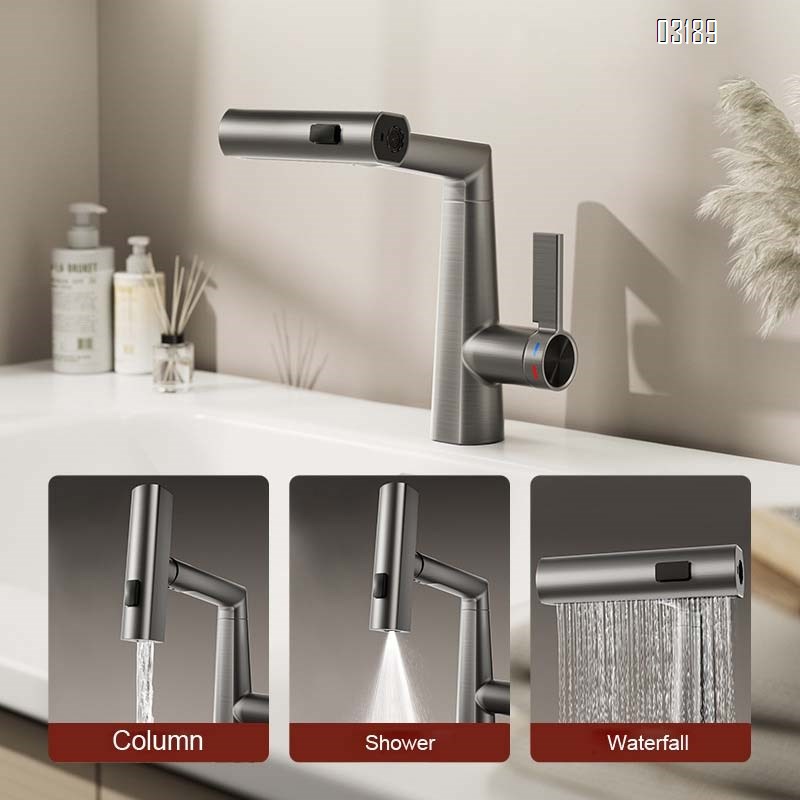 Brass Home use pull-out faucet bathroom wash basin cold and hot water multi-mode waterfall wash basin lifting