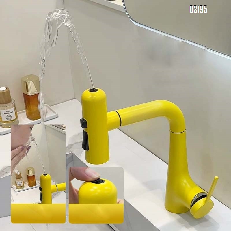Yelllow Cold and hot water faucet for wash basin rotary pull-out type bathroom vanity wash stand upper and lower cabinet Tap