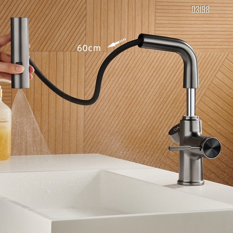 Zinc Alloy pull-out rain shower basin faucet with cold and hot telescopic digital display wash basin tap with soap basket and rotatable