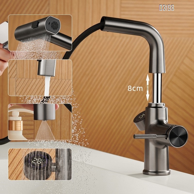 Zinc Alloy pull-out rain shower basin faucet with cold and hot telescopic digital display wash basin tap with soap basket and rotatable