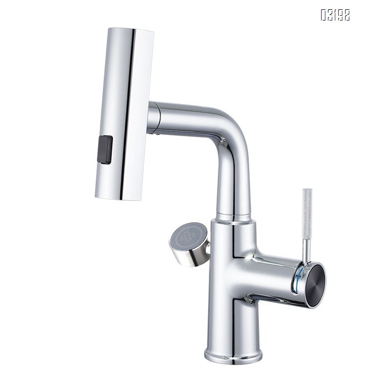 Zinc Alloy pull-out rain shower basin faucet with cold and hot telescopic digital display wash basin tap with soap basket and rotatable
