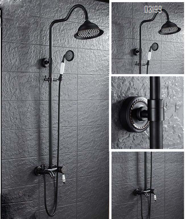 European full Brass black ancient three-gear hand-held shower set with lifting top spray shower faucet