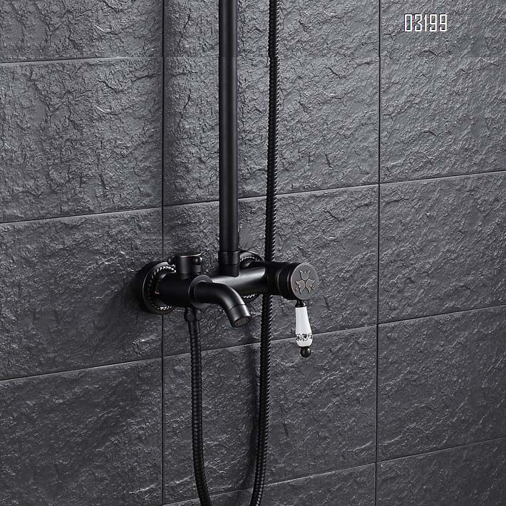 European full Brass black ancient three-gear hand-held shower set with lifting top spray shower faucet