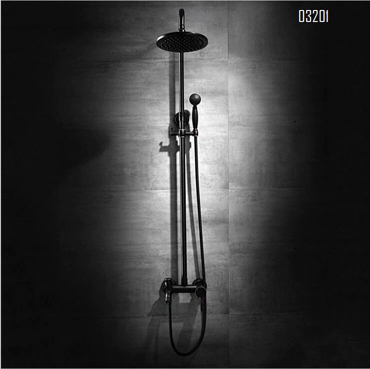 European full Brass black ancient wall-mounted three-block shower faucet large ceiling spray water shower room faucet shower set
