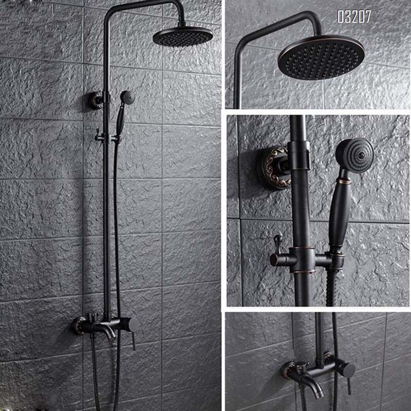 Black Ancient Flower Shower Full Brass Cold and Hot Mixing Valve Shower Head Temperature-Constant Lifting Rotating Shower Set