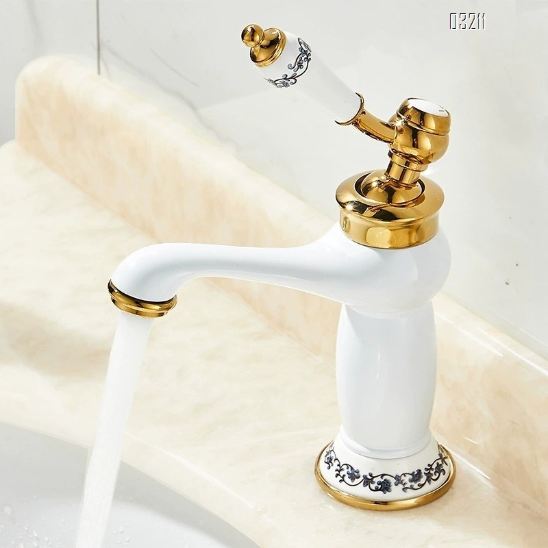 Brass European style bathroom porcelain white enamel faucet with single hole basin faucet with cold and hot titanium gold