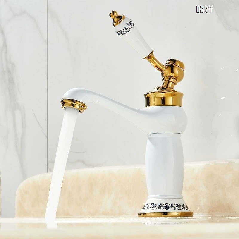 Brass European style bathroom porcelain white enamel faucet with single hole basin faucet with cold and hot titanium gold