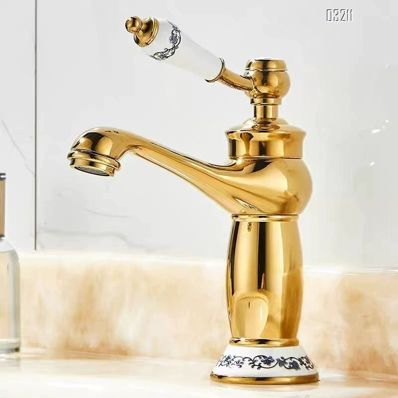 Brass European style bathroom porcelain white enamel faucet with single hole basin faucet with cold and hot titanium gold