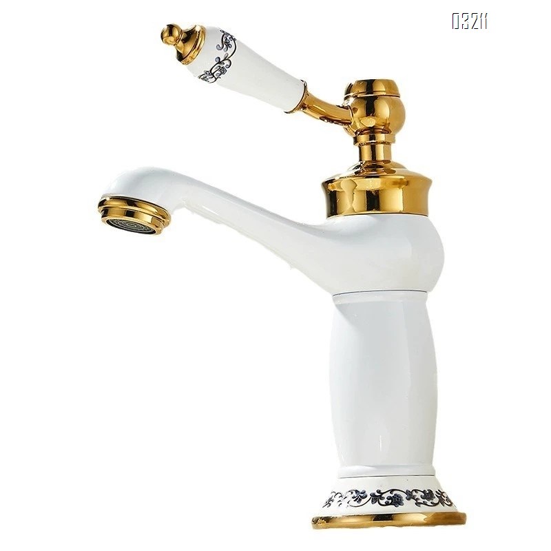 Brass European style bathroom porcelain white enamel faucet with single hole basin faucet with cold and hot titanium gold