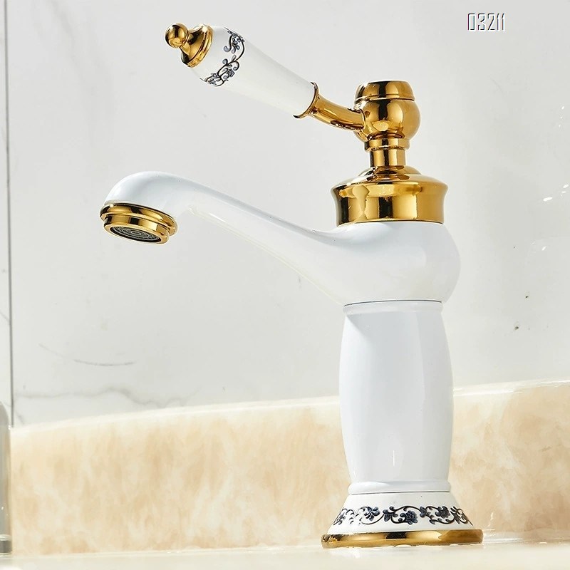 Brass European style bathroom porcelain white enamel faucet with single hole basin faucet with cold and hot titanium gold