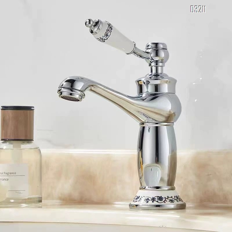 Brass European style bathroom porcelain white enamel faucet with single hole basin faucet with cold and hot titanium gold