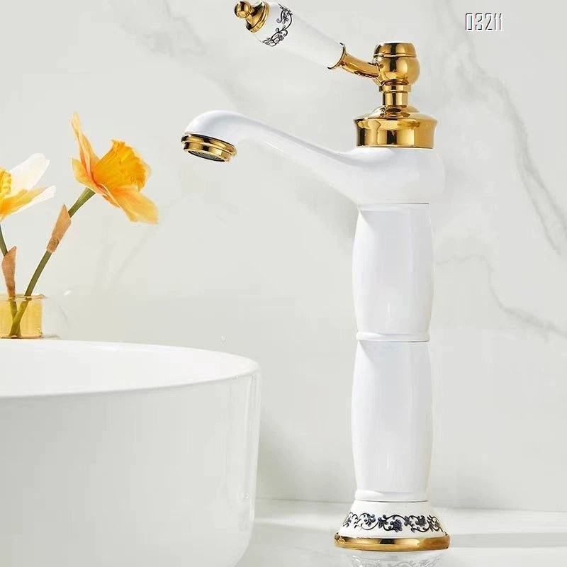 Brass European style bathroom porcelain white enamel faucet with single hole basin faucet with cold and hot titanium gold