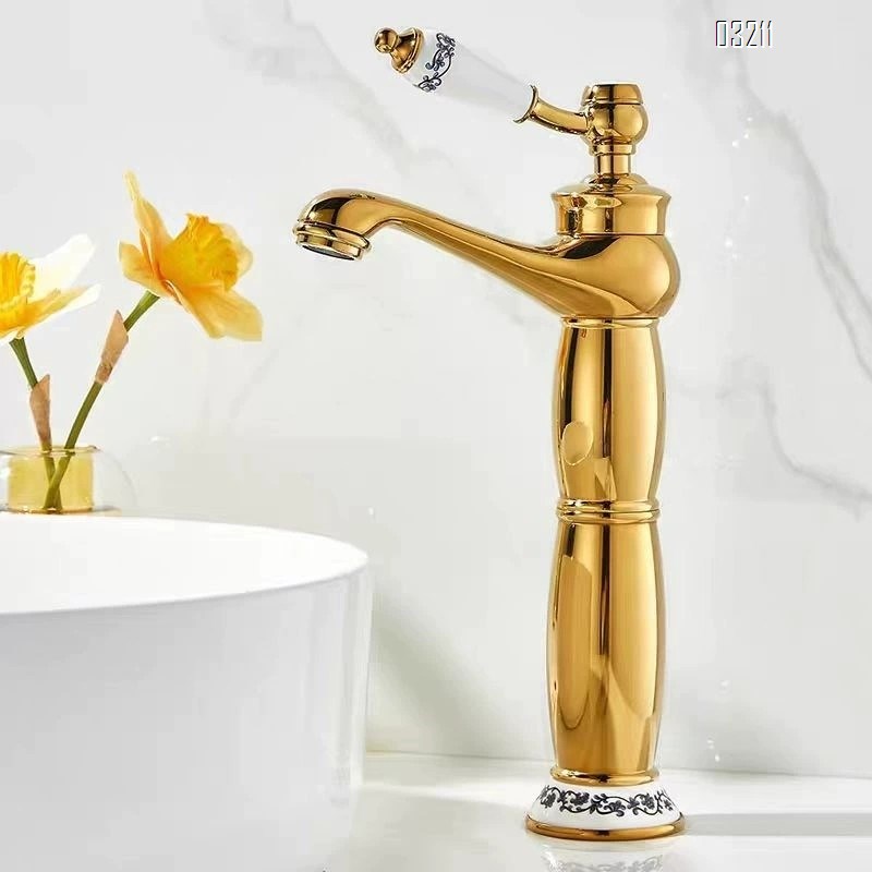 Brass European style bathroom porcelain white enamel faucet with single hole basin faucet with cold and hot titanium gold