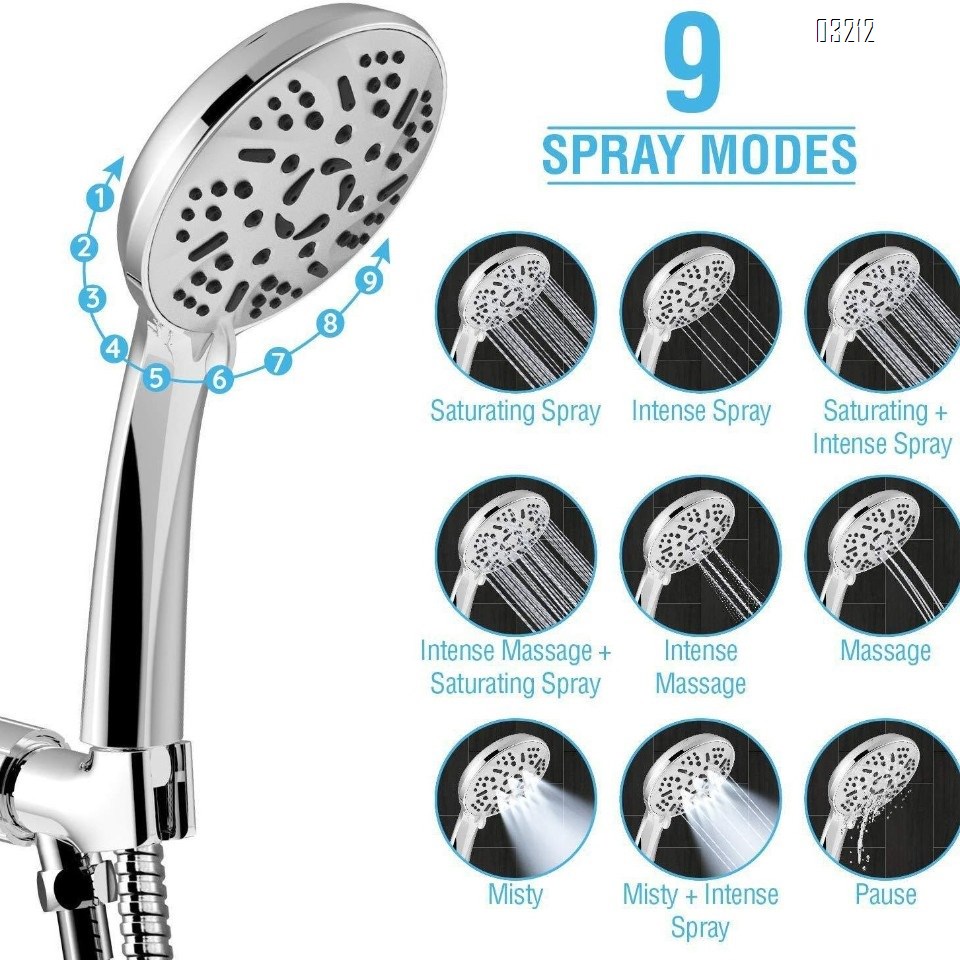 High-Pressure 9-Setting Hand Shower Set Anti-Clog Nozzle Hand Held Shower Head with Stainless Hose and Bracket