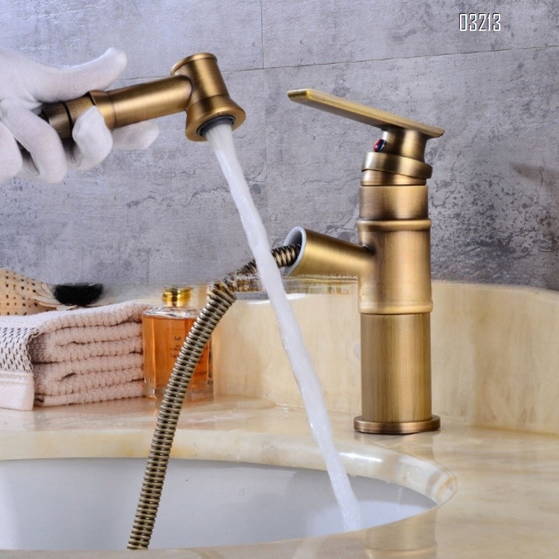 Antique bamboo joint pull-out faucet all Brass vintage under-counter basin wash extendable new Chinese style