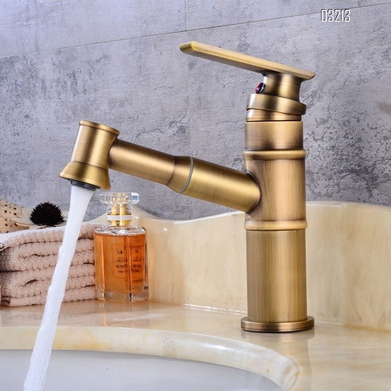 Antique bamboo joint pull-out faucet all Brass vintage under-counter basin wash extendable new Chinese style