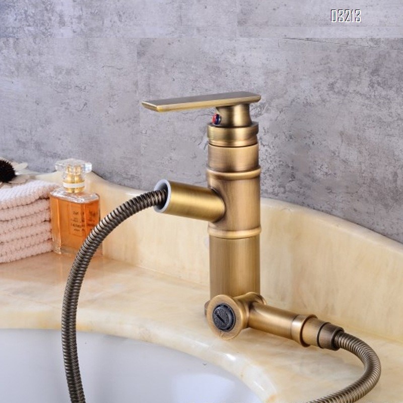 Antique bamboo joint pull-out faucet all Brass vintage under-counter basin wash extendable new Chinese style