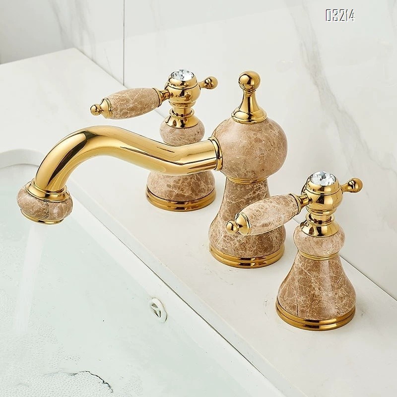 Brass Three-hole wash basin with jade stone faucet bathroom vanity with double-handle split-type cold and hot rotating faucet