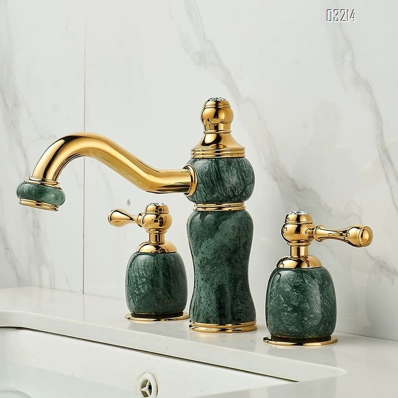 Brass Three-hole wash basin with jade stone faucet bathroom vanity with double-handle split-type cold and hot rotating faucet