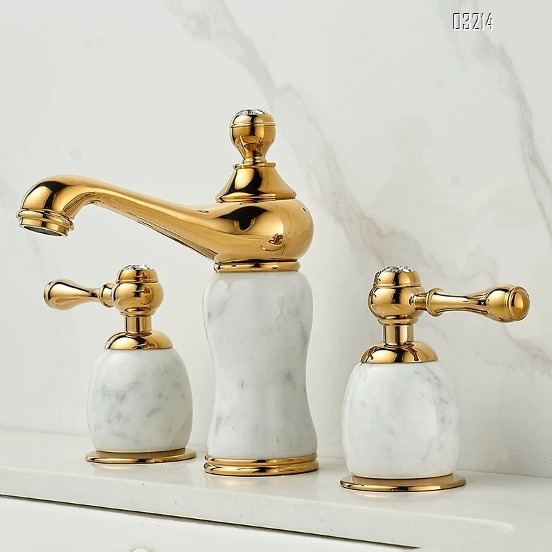 Brass Three-hole wash basin with jade stone faucet bathroom vanity with double-handle split-type cold and hot rotating faucet