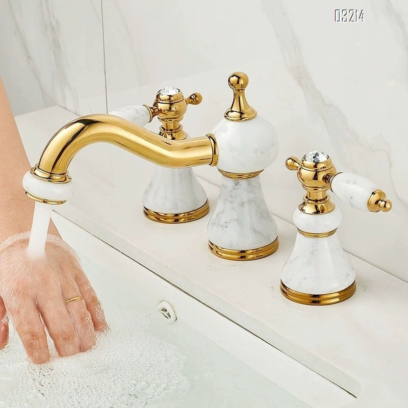 Brass Three-hole wash basin with jade stone faucet bathroom vanity with double-handle split-type cold and hot rotating faucet