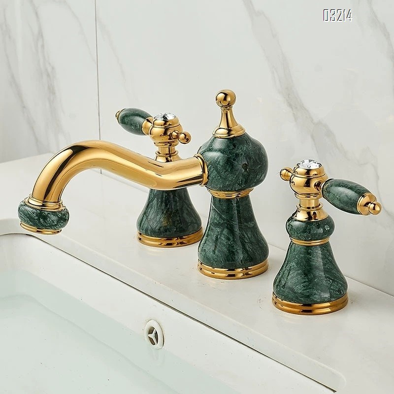 Brass Three-hole wash basin with jade stone faucet bathroom vanity with double-handle split-type cold and hot rotating faucet
