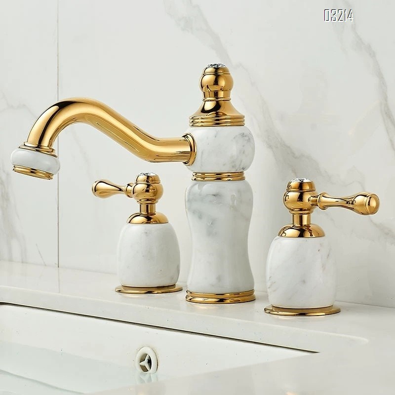 Brass Three-hole wash basin with jade stone faucet bathroom vanity with double-handle split-type cold and hot rotating faucet