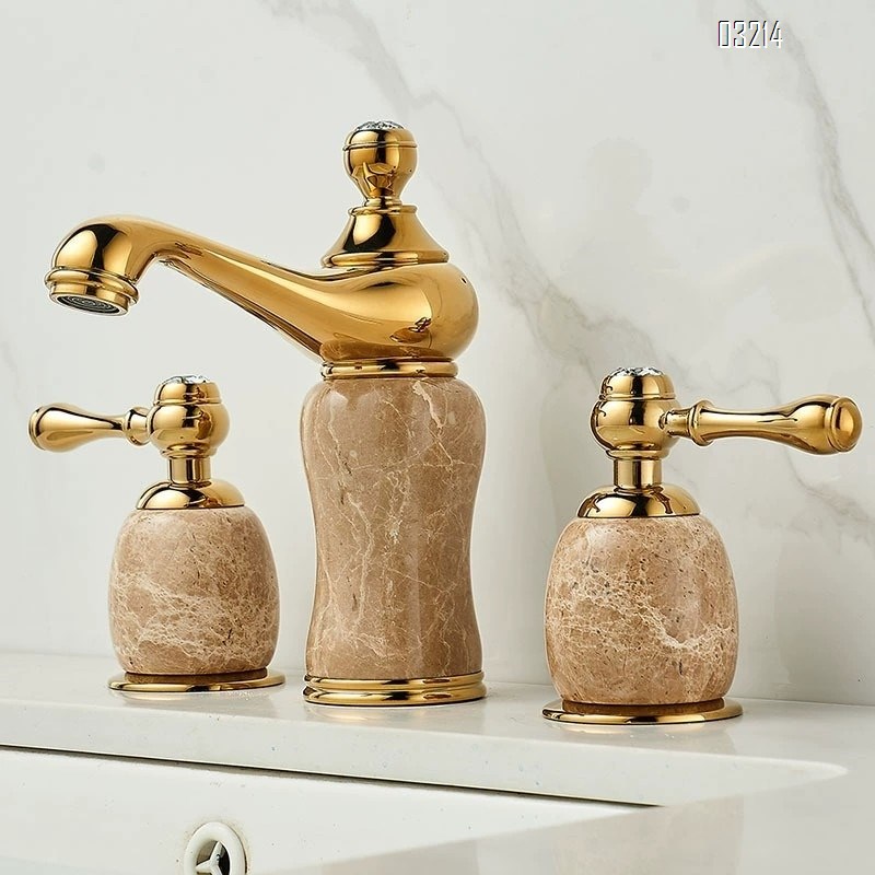 Brass Three-hole wash basin with jade stone faucet bathroom vanity with double-handle split-type cold and hot rotating faucet