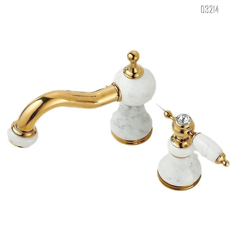 Brass Three-hole wash basin with jade stone faucet bathroom vanity with double-handle split-type cold and hot rotating faucet