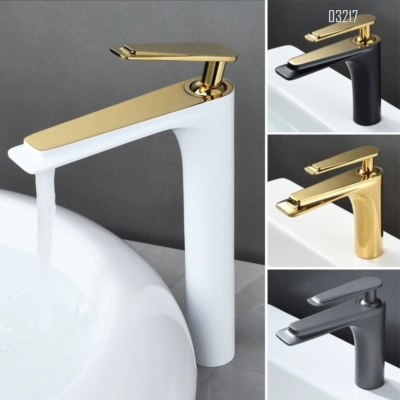 All-Brass black and gold wash basin faucet with a long spout for cold and hot water in the bathroom