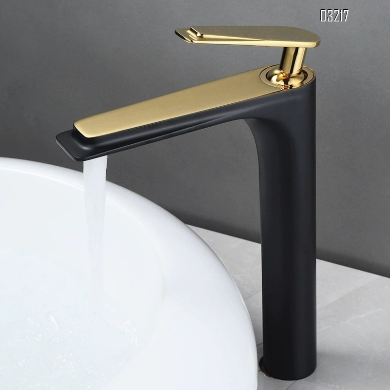 All-Brass black and gold wash basin faucet with a long spout for cold and hot water in the bathroom