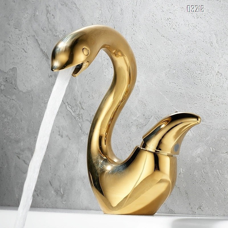 Golden creative swan wash basin faucet full Brass bathroom sink cabinet wash basin cold and hot water faucet