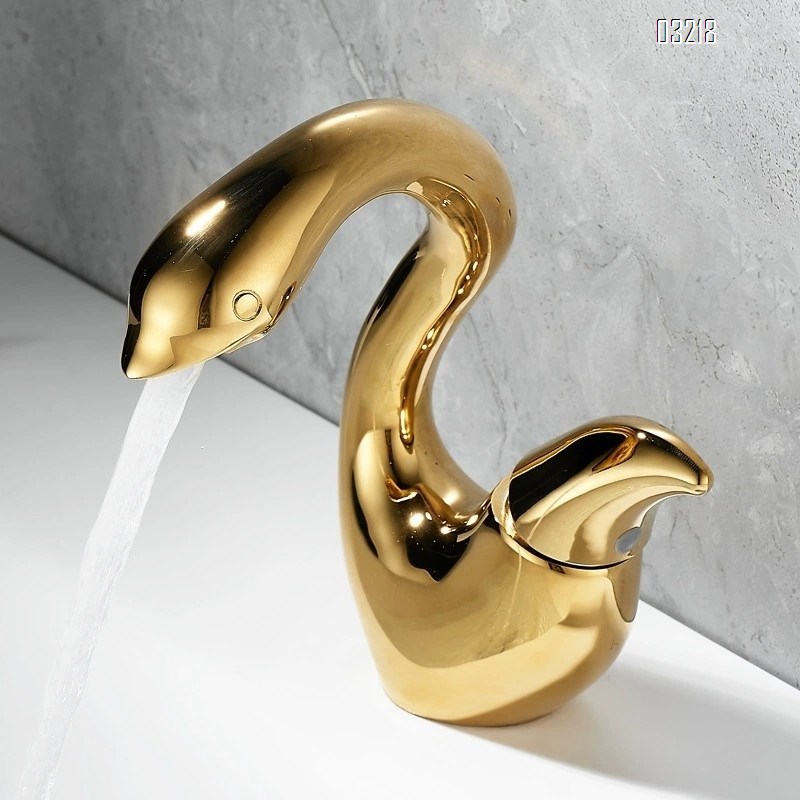 Golden creative swan wash basin faucet full Brass bathroom sink cabinet wash basin cold and hot water faucet