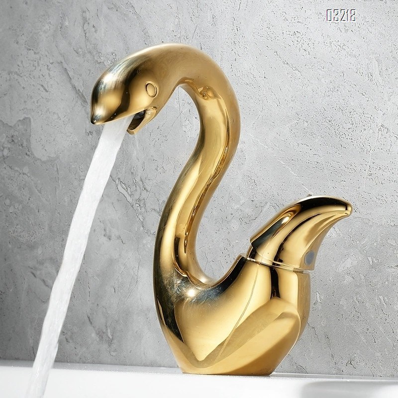 Golden creative swan wash basin faucet full Brass bathroom sink cabinet wash basin cold and hot water faucet
