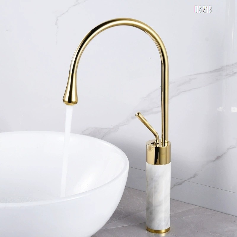 European luxury all Brass gold natural marble washbasin cold and hot water faucet wash basin brass single hole countertop Tap