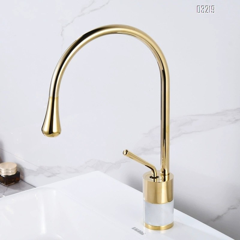 European luxury all Brass gold natural marble washbasin cold and hot water faucet wash basin brass single hole countertop Tap