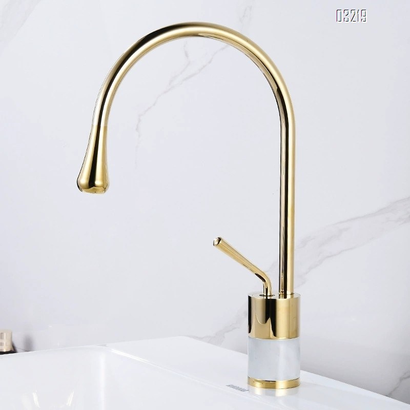 European luxury all Brass gold natural marble washbasin cold and hot water faucet wash basin brass single hole countertop Tap