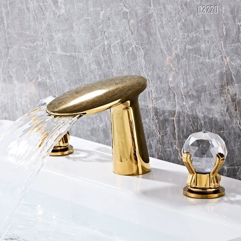 Bathroom golden full Brass crystal double handle three-hole wash basin cold and hot water faucet separate faucet waterfall outlet