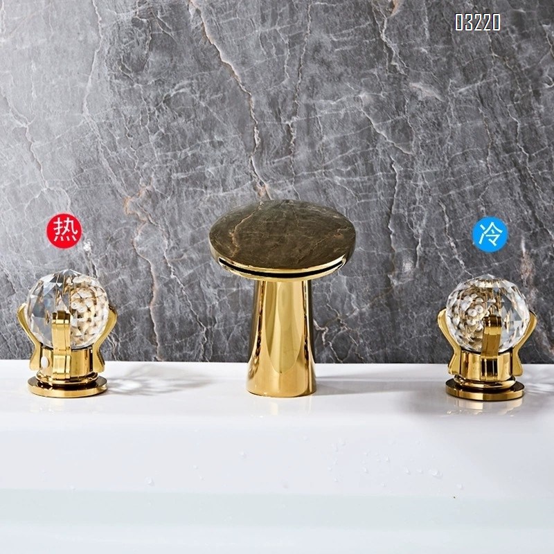 Bathroom golden full Brass crystal double handle three-hole wash basin cold and hot water faucet separate faucet waterfall outlet